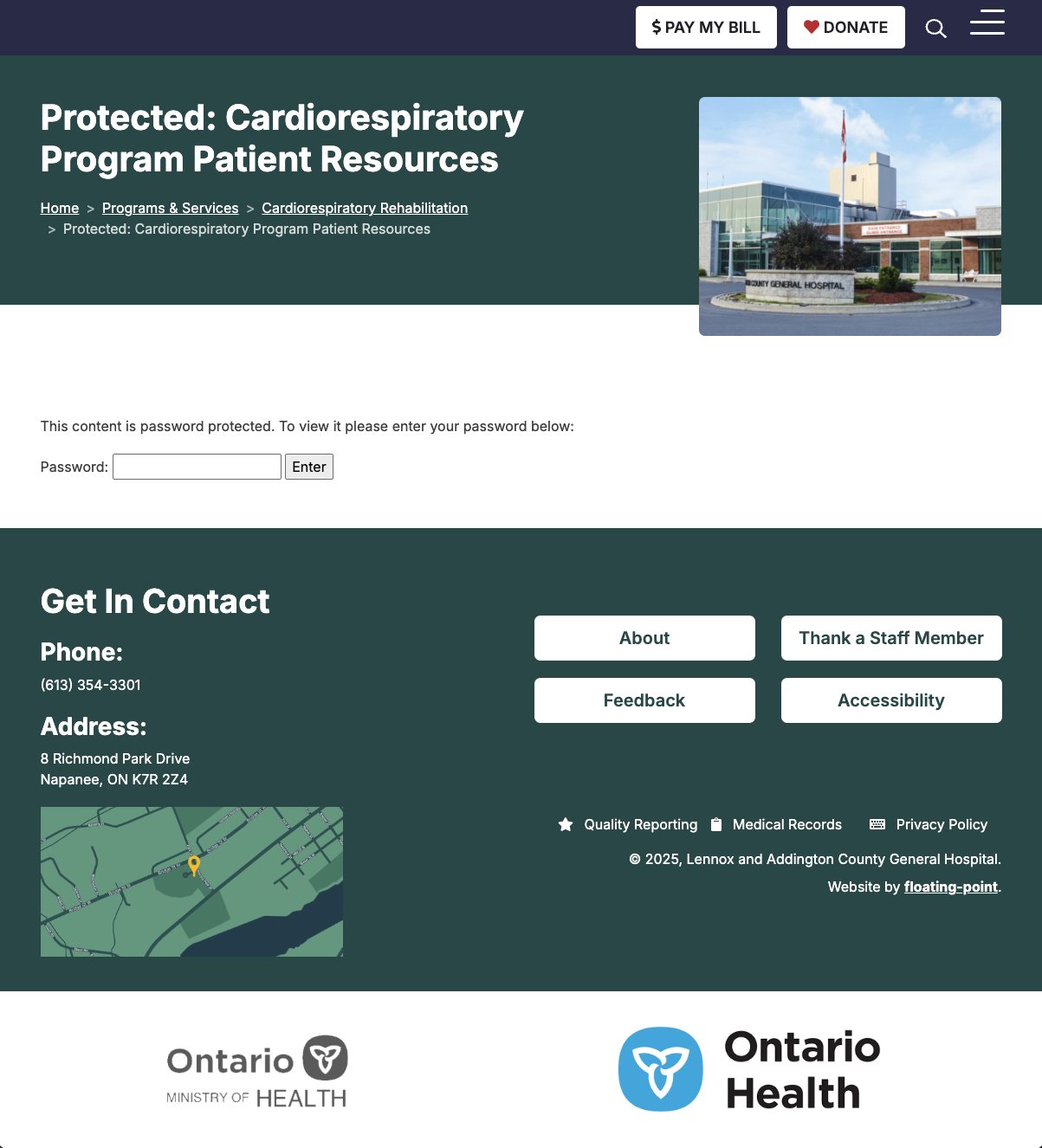 Cardiorespiratory Program Patient Resources login page thumbnail image