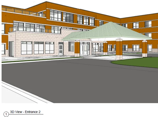Illustrated rendering of a multi-storey LTC hospital building with a covered entrance and surrounding driveway.