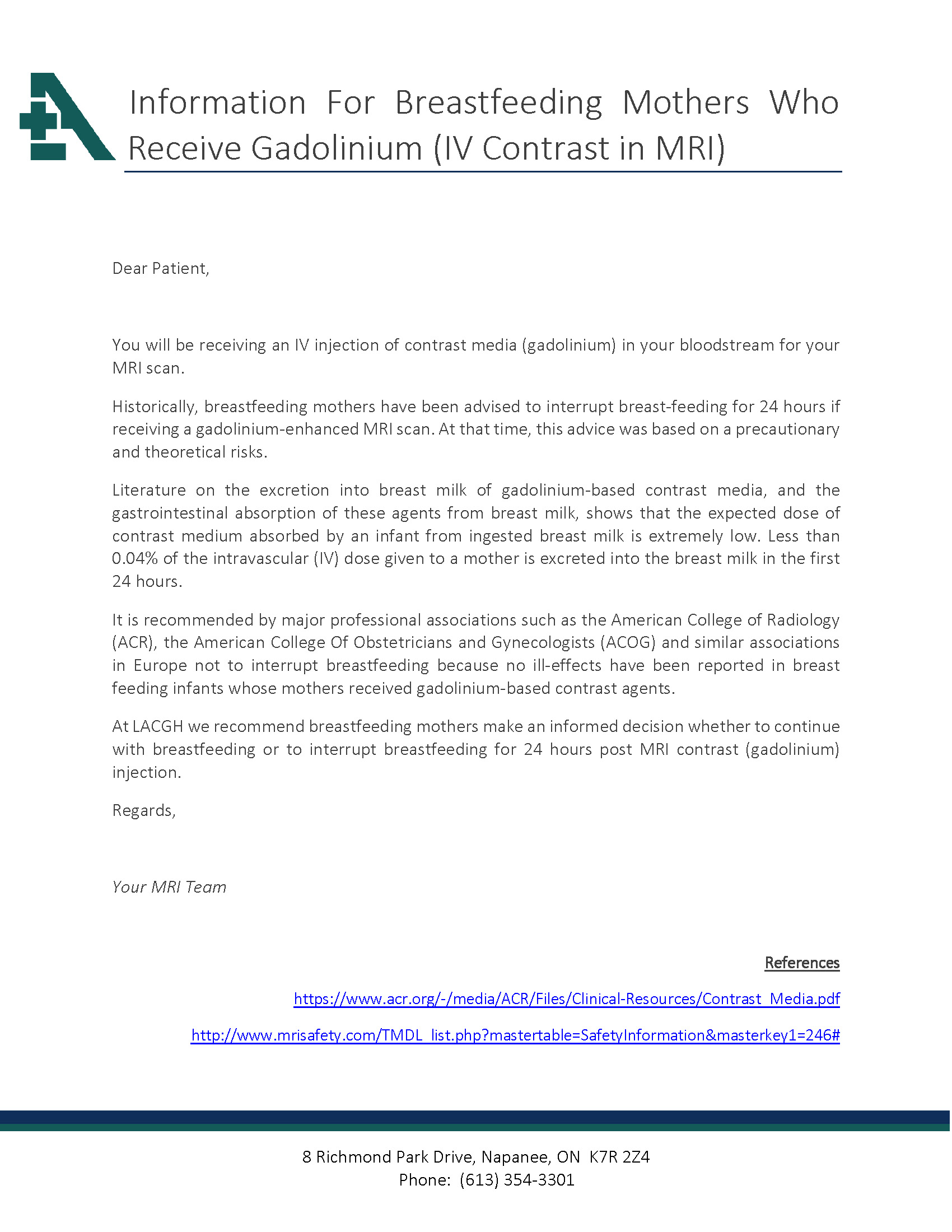 MRI and Breastfeeding Information Sheet