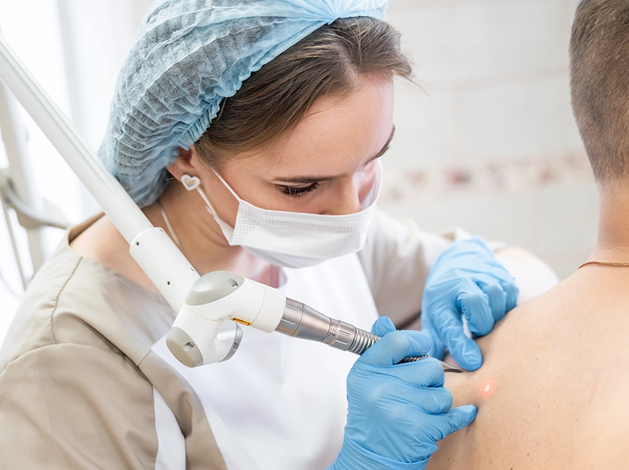 Clinician wearing a mask and gloves uses a handheld laser device to treat a patient’s skin on the upper back.