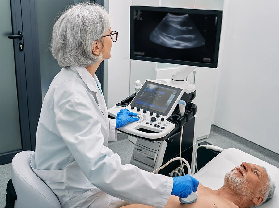 Ultrasound technician performing a scan on a patient while viewing results on a monitor.